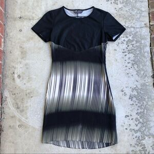 Waverly Grey silk sheath dress stripes mini cap sleeves black olive green S